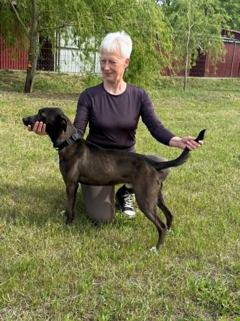 Frau mit Hund im Freien