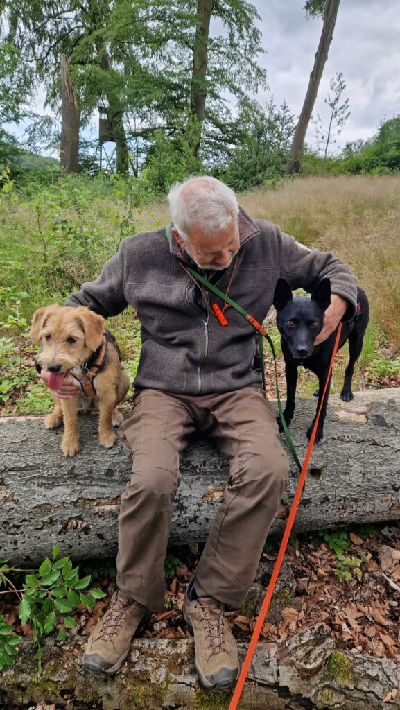 Mann mit zwei Hunden